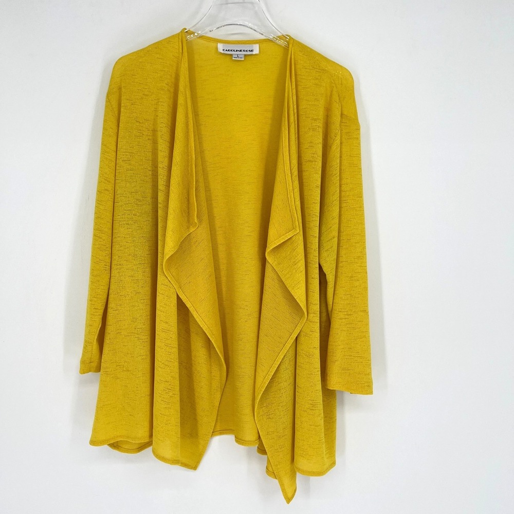 Caroline Rose‎ Cardigan Womens L Yellow Maximalist Vibrant Stretchy Open Front